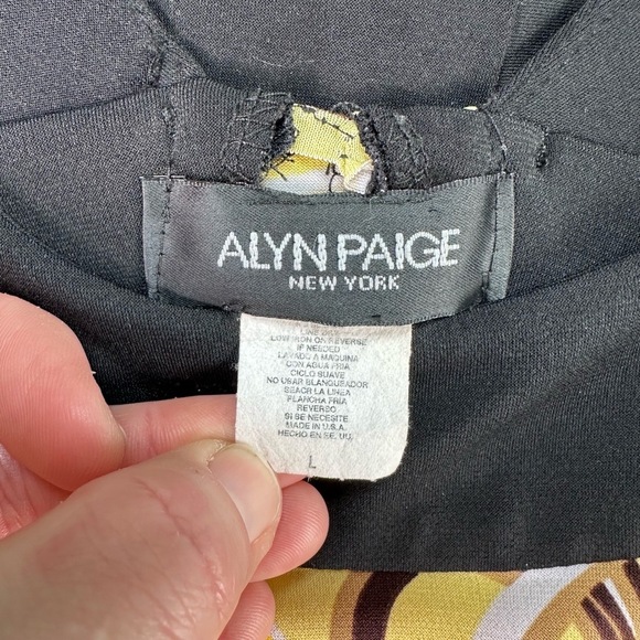 VTG Y2K Alyn Paige Abstract Yellow Black Geometric Midi Dress L Mod Retro - Picture 9 of 13